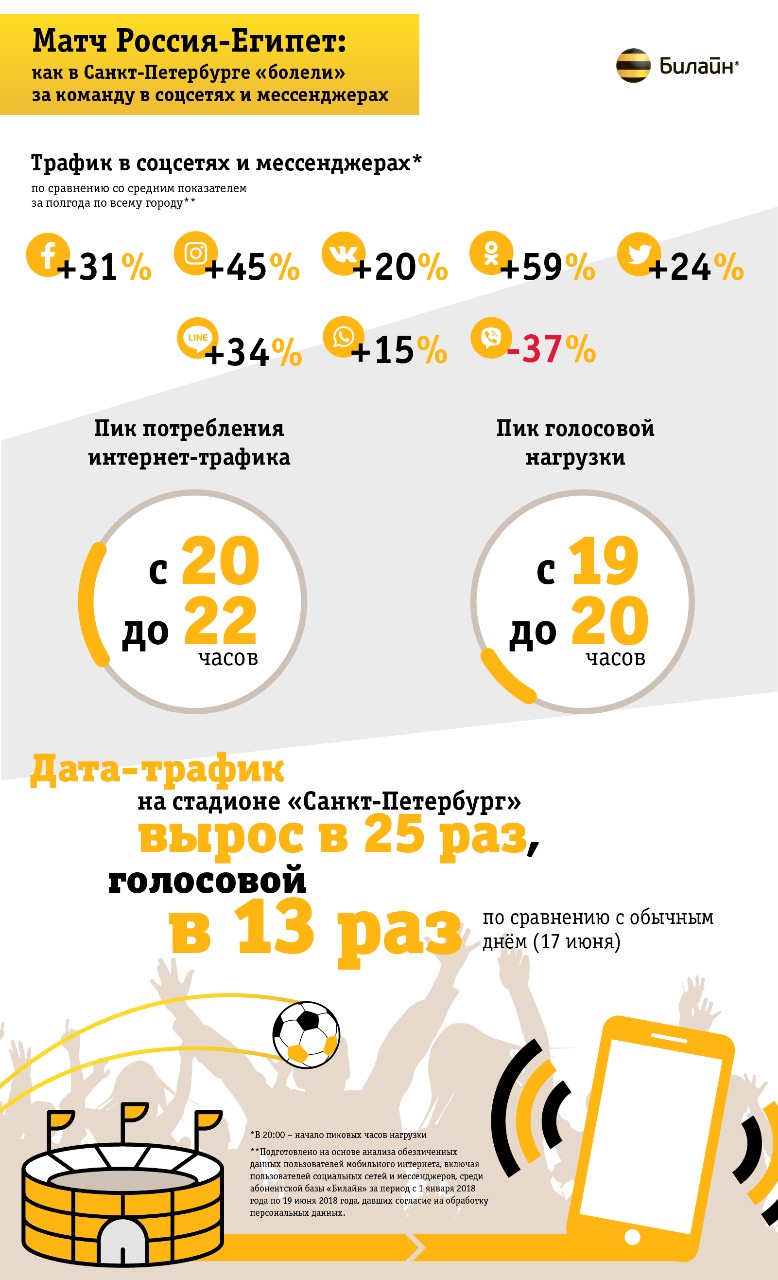 Матч Россия – Египет: дата-трафик «Билайн» вырос в 25 раз